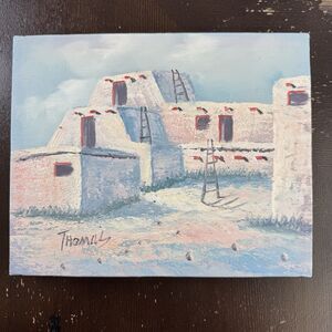 Original Mexico Village Pueblo Painting Signed Canvas w Wood Frame Landscape Art